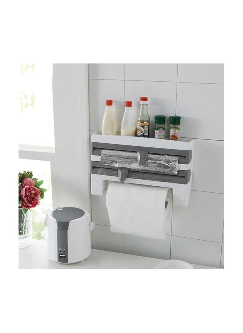 Ejoyous - Cling Film Dispenser, Kitchen Roll Holder Wall Mounted Tin Foil Dispenser and Cutter, 3 in 1 Triple Roll Dispenser for Foil, Cling Film and Paper Towel Sauce Bottle Storage Rack Paper Towel Holder - Image 1