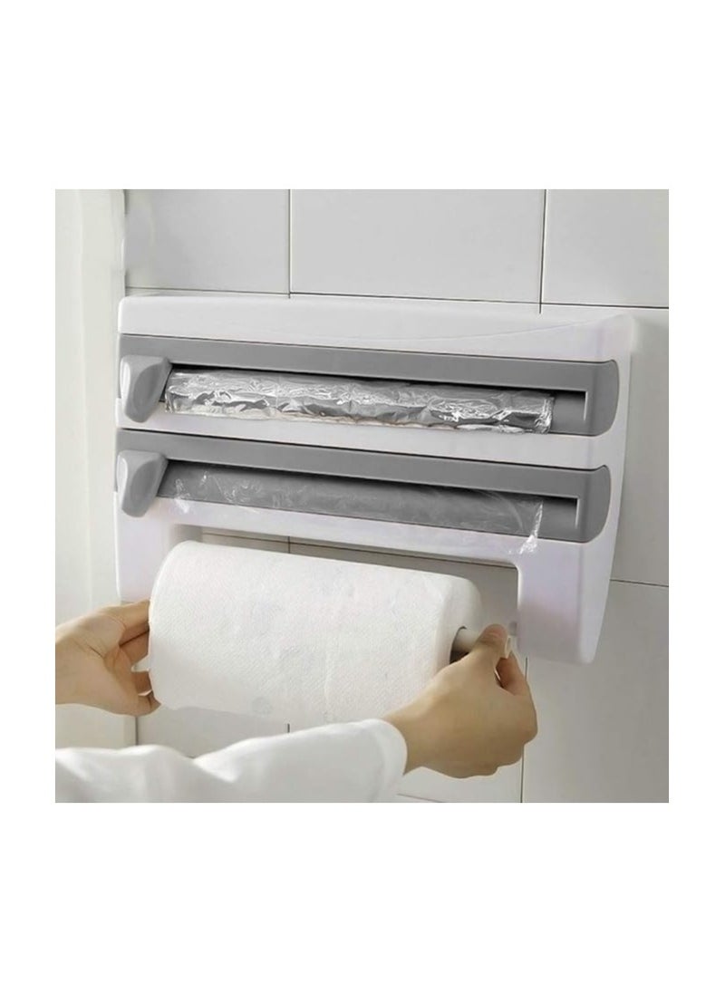 Ejoyous - Cling Film Dispenser, Kitchen Roll Holder Wall Mounted Tin Foil Dispenser and Cutter, 3 in 1 Triple Roll Dispenser for Foil, Cling Film and Paper Towel Sauce Bottle Storage Rack Paper Towel Holder - Image 1