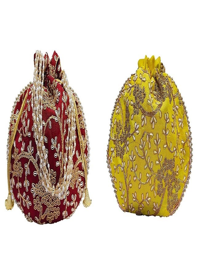 ATHZ Potli bag (Pack of 2 Potli) Yellow and Maroon shagun potli for Women wedding party Return gift - Image 1