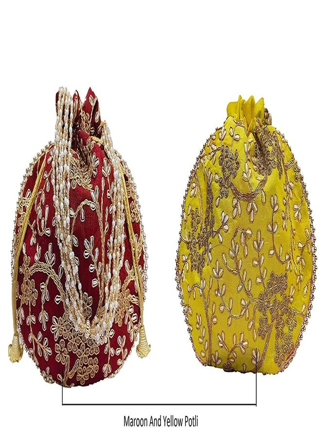 ATHZ Potli bag (Pack of 2 Potli) Yellow and Maroon shagun potli for Women wedding party Return gift - Image 4