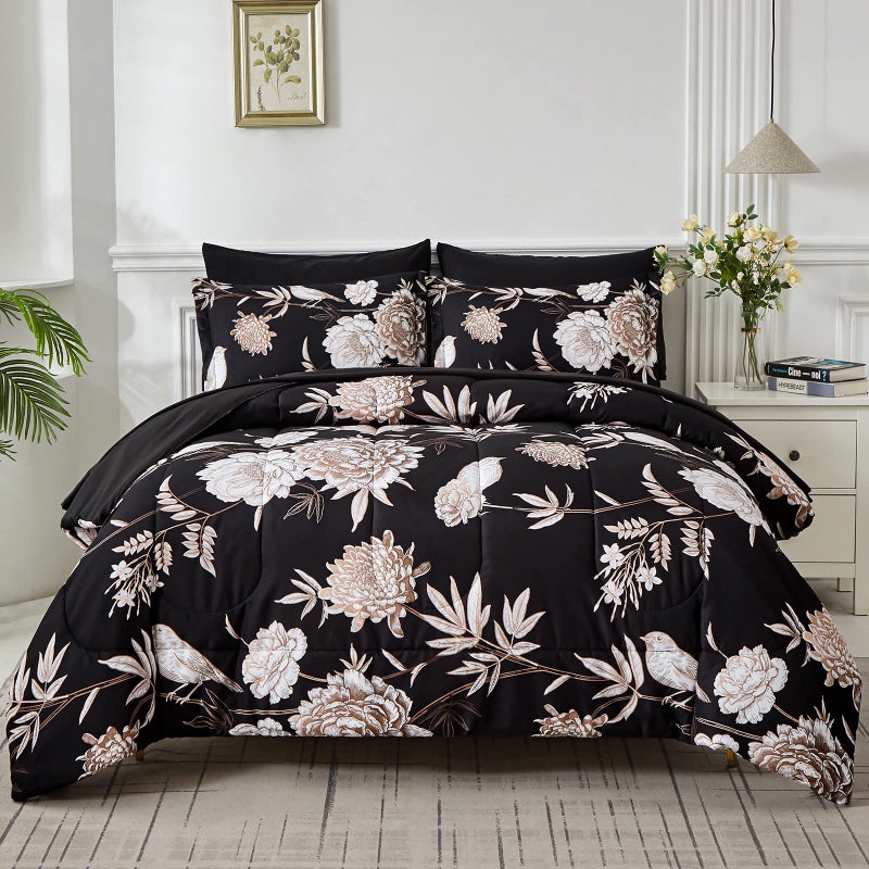 Yogeneg 7 Piece Bed in a Bag Queen Comforter Set Botanical Floral Bedding Set,Flower Leaves Brids Printed on Black Reversible Design,Soft Microfiber Comforter with Sheet Set,All Season(Black B,Queen) - Image 1
