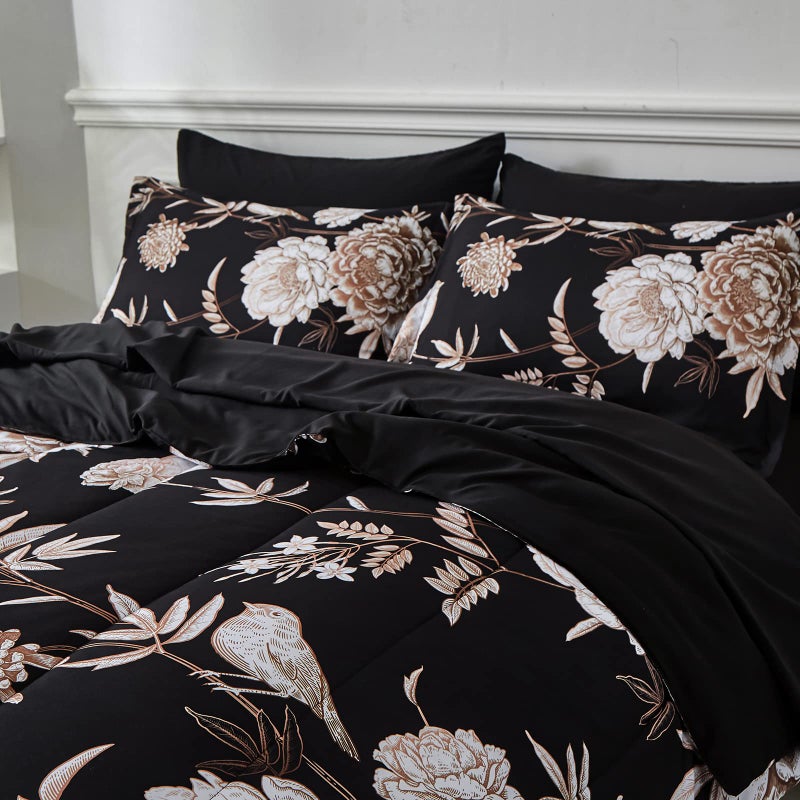 Yogeneg 7 Piece Bed in a Bag Queen Comforter Set Botanical Floral Bedding Set,Flower Leaves Brids Printed on Black Reversible Design,Soft Microfiber Comforter with Sheet Set,All Season(Black B,Queen) - Image 2