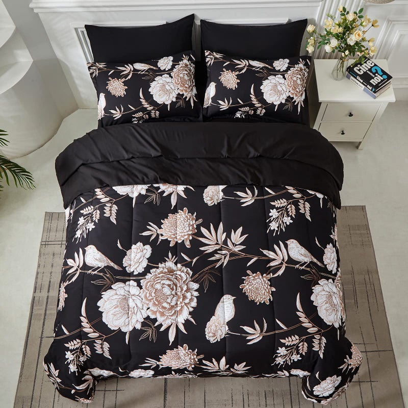 Yogeneg 7 Piece Bed in a Bag Queen Comforter Set Botanical Floral Bedding Set,Flower Leaves Brids Printed on Black Reversible Design,Soft Microfiber Comforter with Sheet Set,All Season(Black B,Queen) - Image 3