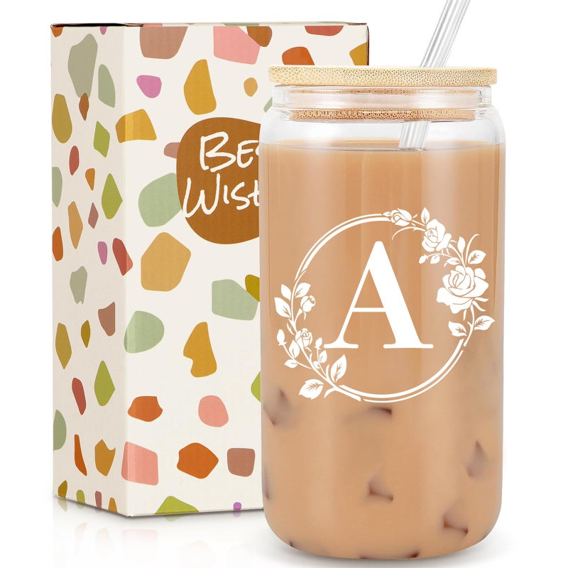 Birthday Gifts for Women Monogrammed Initial Glass Cup Personalized Gifts for Women 16oz Glass Cups with Lids and Straws Iced Coffee Cup Beer Can Shaped Glass  Gifts for Christmas Birthday A