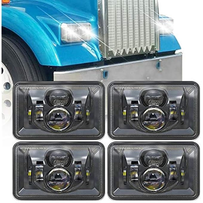 XPCTD 4 قطع مصابيح أمامية LED مستطيلة الشكل مقاس 4×6 بوصة معتمدة من وزارة النقل، بديلة H4651 H4652 H4656 H4666 H6545 لسيارات كينورث T800 T600 بيتربيلت 379 فيتلاينر فورد بروب شيفروليه أولدزموبيل كاتلاس بلاك - Image 1