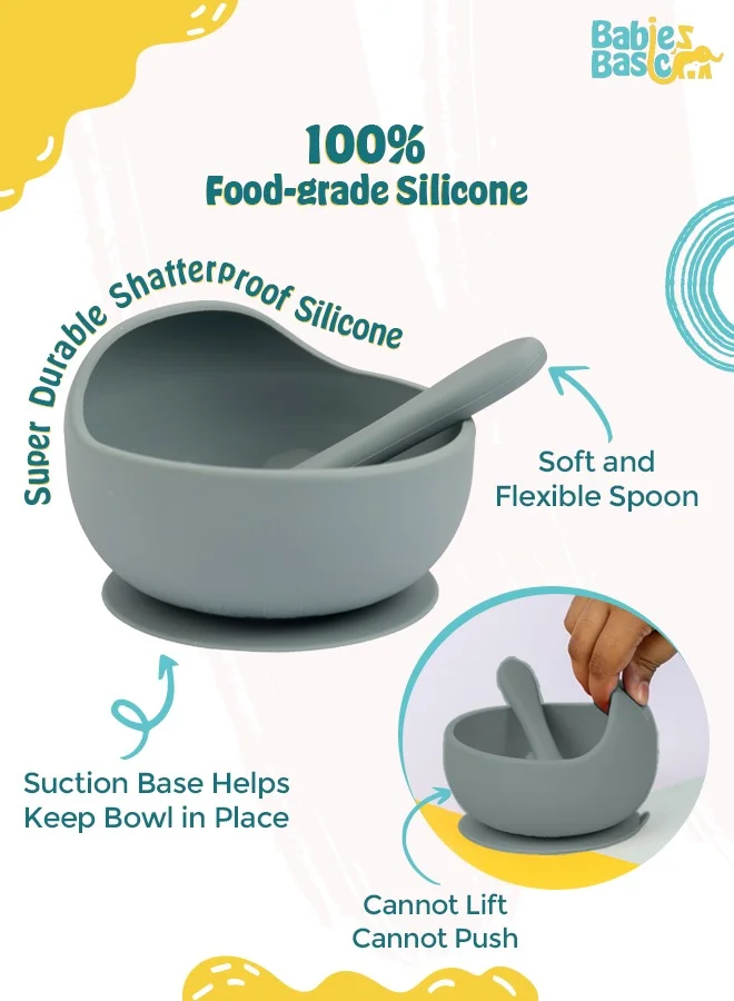Babies Basic Feeding Set, 2 Pieces, Silicone Set For Self Feeding, Easy To Grip Silicone Spoon , Strong Suction Silicone Bowl - Indigo