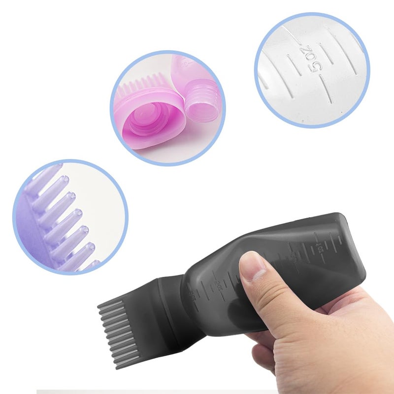 ELANE 4 Pcs Root Comb Applicator Bottle 6oz,Hair Oil Applicator Bottle for Hair,Oil Comb Applicator Hair Bottle Applicator for Hair Dye Shampoos Hair Salons Camping Traveling (black+white+purple+pink) - Image 3