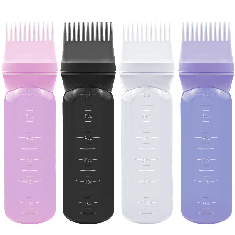 ELANE 4 Pcs Root Comb Applicator Bottle 6oz,Hair Oil Applicator Bottle for Hair,Oil Comb Applicator Hair Bottle Applicator for Hair Dye Shampoos Hair Salons Camping Traveling (black+white+purple+pink) - Image 1