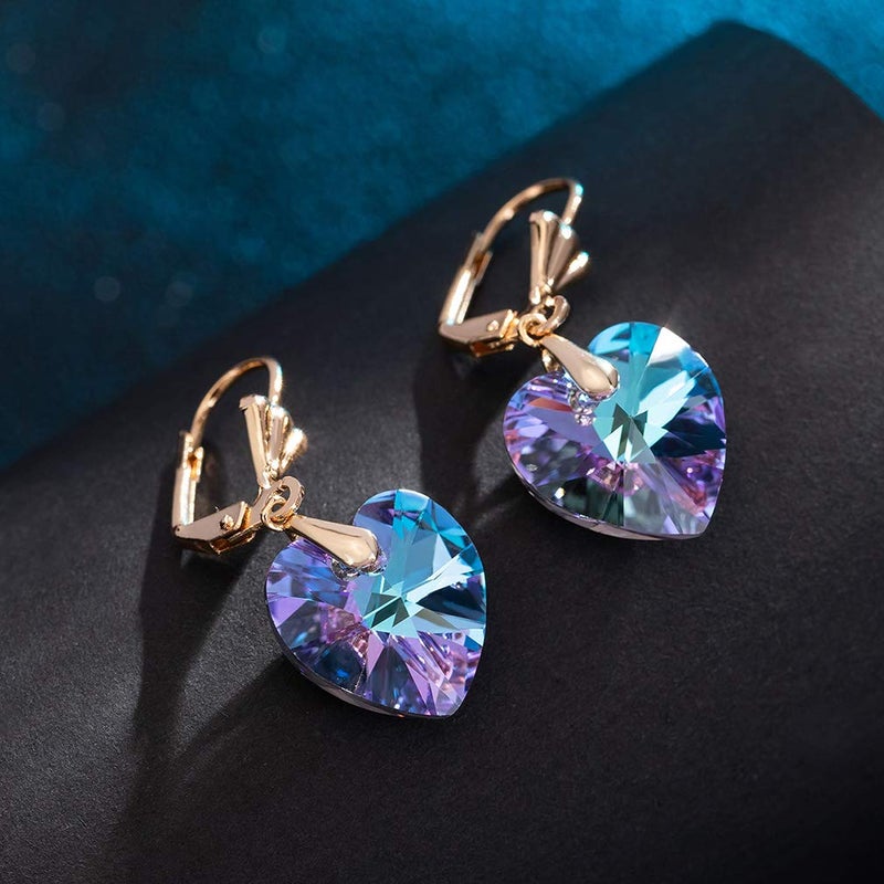 EVEVIC Austrian Crystal Heart Drop Leverback Earrings for Women Fashion Dangle Earring 14K Rose Gold Plated Hypoallergenic Jewelry (Vitrail Light) - Image 5