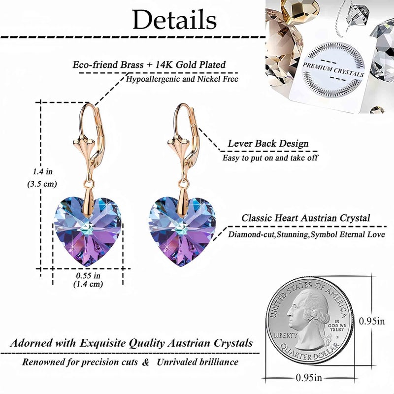 EVEVIC Austrian Crystal Heart Drop Leverback Earrings for Women Fashion Dangle Earring 14K Rose Gold Plated Hypoallergenic Jewelry (Vitrail Light) - Image 4