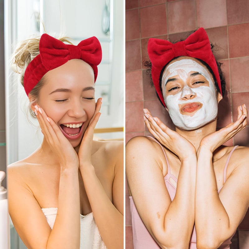 Ondder Spa Headband for Washing Face 8 Pack Red Skincare Headbands for Women Girls Terry Cloth Cute Makeup Headbands Head Bands with Bow - Image 4