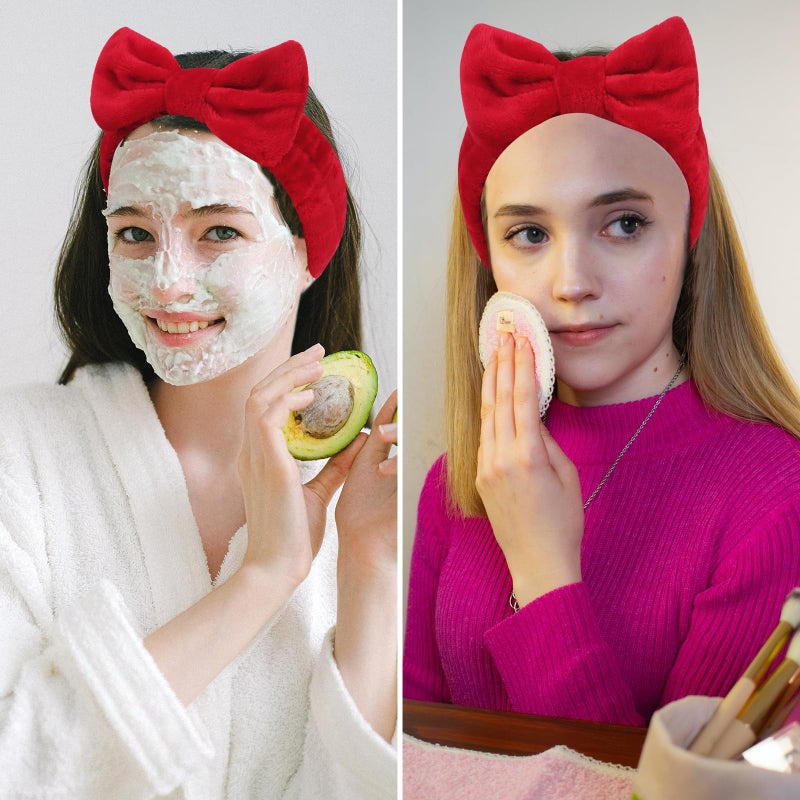 Ondder Spa Headband for Washing Face 8 Pack Red Skincare Headbands for Women Girls Terry Cloth Cute Makeup Headbands Head Bands with Bow - Image 3