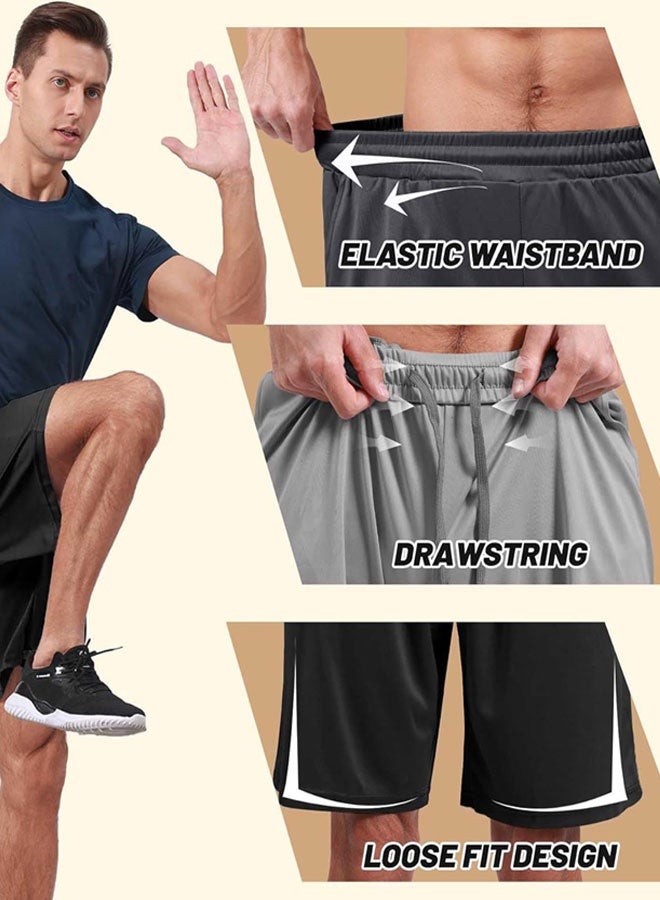 وهاواي 3 Pack Men's Athletic Shorts, Workout Gym Basketball Lightweight Quick Dry Mens Shorts with Pockets for Running Casual Activewear Black Light Grey Navy Blue L - Image 3