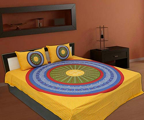 Monik Handicrafts 100 Cotton Rajasthani Jaipuri sanganeri Traditional King Size Double Bed Sheet with 2 Pillow Covers Yellow 2 Queen