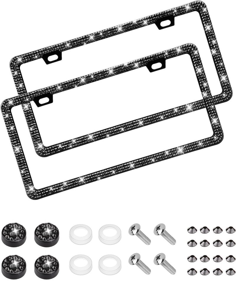 EWBN Bling License Plate Frame for Women,2 Pack Sparkly Rhinestone License Plate Holder,Premium Stainless Steel Diamond Car Accessories License Plate Cover with Glitter Crystal Caps（Black） Custom sizing alternatives - Image 1