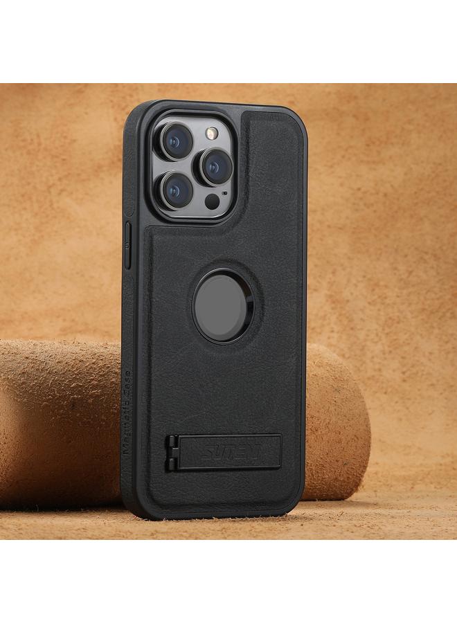 Suteni Case For iPhone 15 Pro G2 Magsafe Litchi Texture Leather Back Phone Case with Holder - Image 1