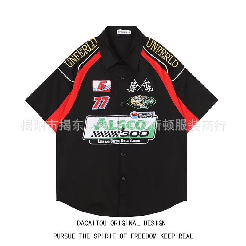 Generic American Style Retro hiphop Fried Street Racing Suit Shirt Mens Short-sleeved Summer Loose ins Trendy Brand Motorcycle Thin Shirt Blue  - Image 2