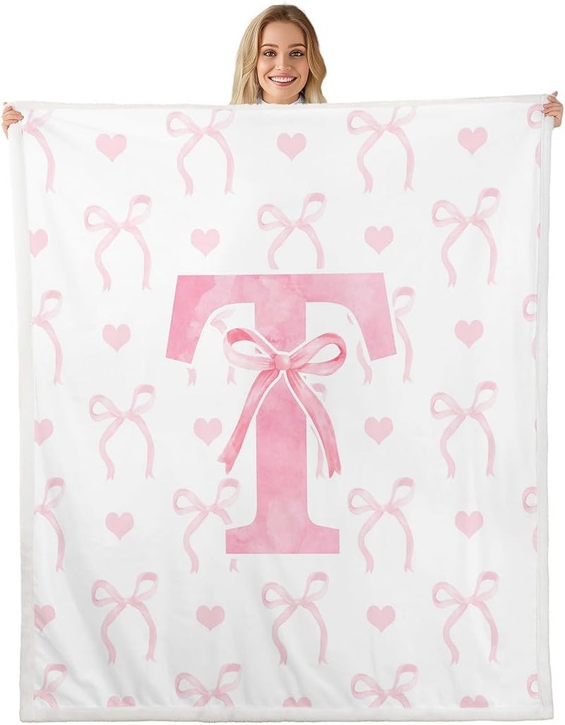 Erosebridal Girls Pink Bow Fleece Blanket Twin Size, Kawaii Bowknot Princess Dreamy Sherpa Blanket, Cute Alphabet T Bow Fuzzy Plush Throw, Cartoon Love Heart Decor for Bed Couch - Image 1