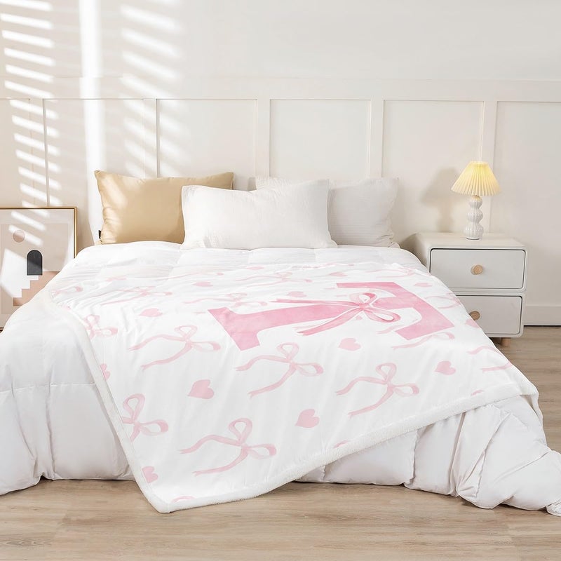 Erosebridal Girls Pink Bow Fleece Blanket Twin Size, Kawaii Bowknot Princess Dreamy Sherpa Blanket, Cute Alphabet T Bow Fuzzy Plush Throw, Cartoon Love Heart Decor for Bed Couch - Image 2