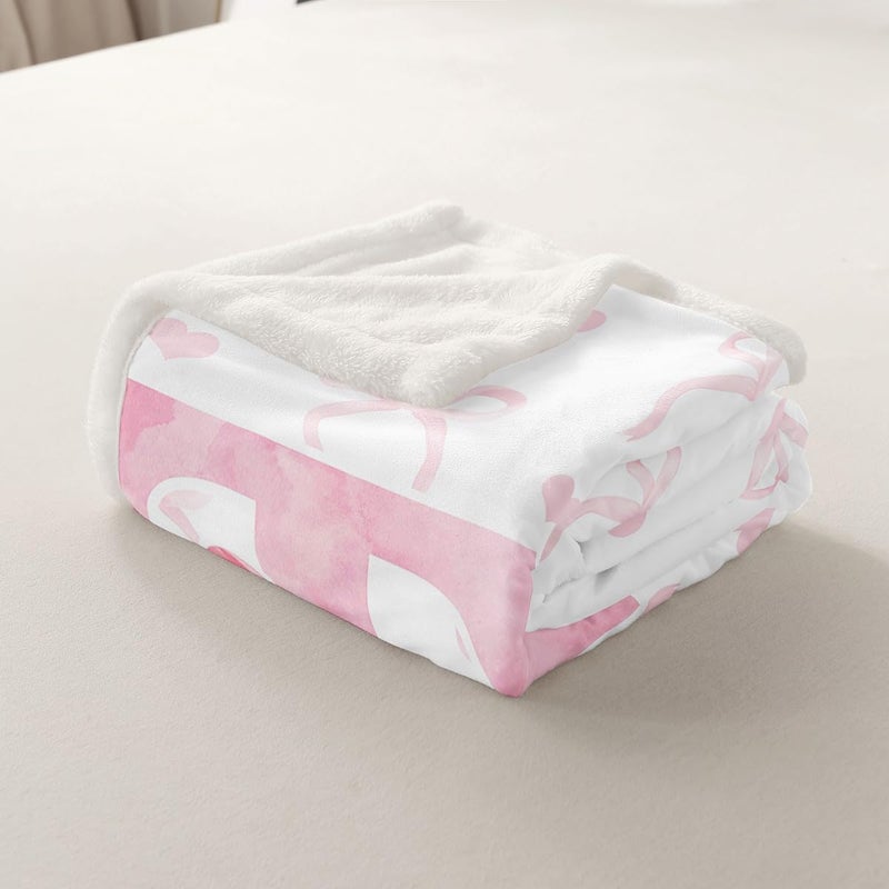 Erosebridal Girls Pink Bow Fleece Blanket Twin Size, Kawaii Bowknot Princess Dreamy Sherpa Blanket, Cute Alphabet T Bow Fuzzy Plush Throw, Cartoon Love Heart Decor for Bed Couch - Image 5