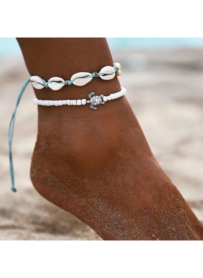 Generic Boho Turtle Anklet Bracelets Set, Silver Layered Shell Beaded Foot Chain, Beach Jewelry for Women Summer Gifts Beaded Foot Chain Jewelry Accessories For Beach  - Image 1