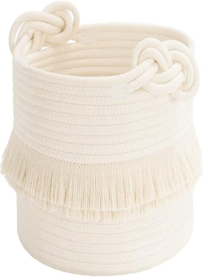 CherryNow CherryNow Small Woven Storage Baskets Cotton Rope Decorative Hamper for Diaper, Blankets, Magazine and Keys, Cute Tassel Nursery Decor - Home Storage Container – 9.5'' x 7'' Off-white 