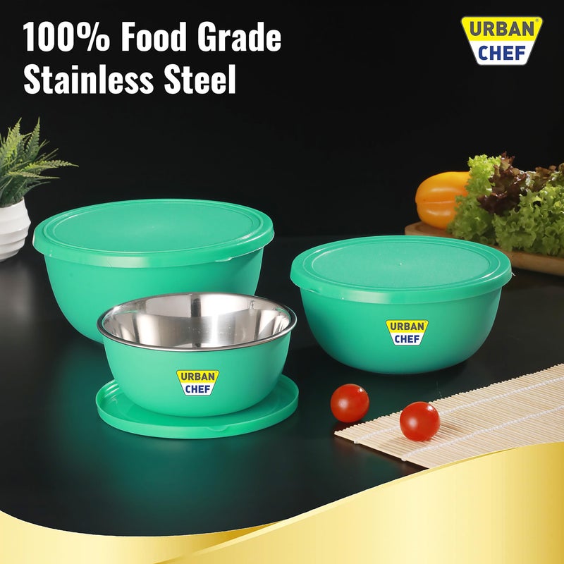 URBAN CHEF URBAN CHEF Microwave Safe Bowl Set | 1 Year Warranty | Kitchen Accessories Items for Home, Serving Bowl, Bowl Set for Gift, Microwave Bowl Set, Steel Bowl, Set of 3-500ml, 800ml,1250ml (Green) - Image 4
