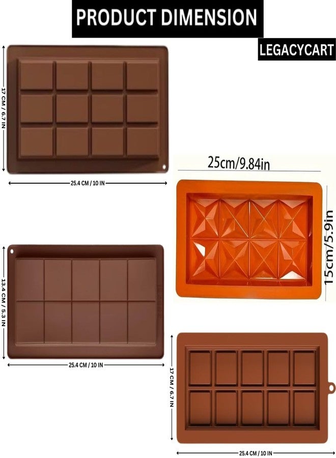 LEGACYCART 8 Slot Diamond, 10 Slot Square, 10 Slot Rectangle and 12 Slot Dubai Kunafa Silicone Mold Deep Square Break Apart Chocolate Bar for Pistachio DIY Ganache Caramel Treats for Kids (Pack of 4) - Image 2