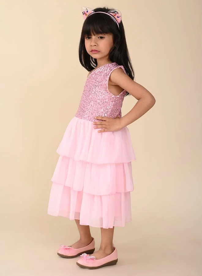 LILPICKS LilPicks Sequin Detail One Shoulder Neck Layered Dress