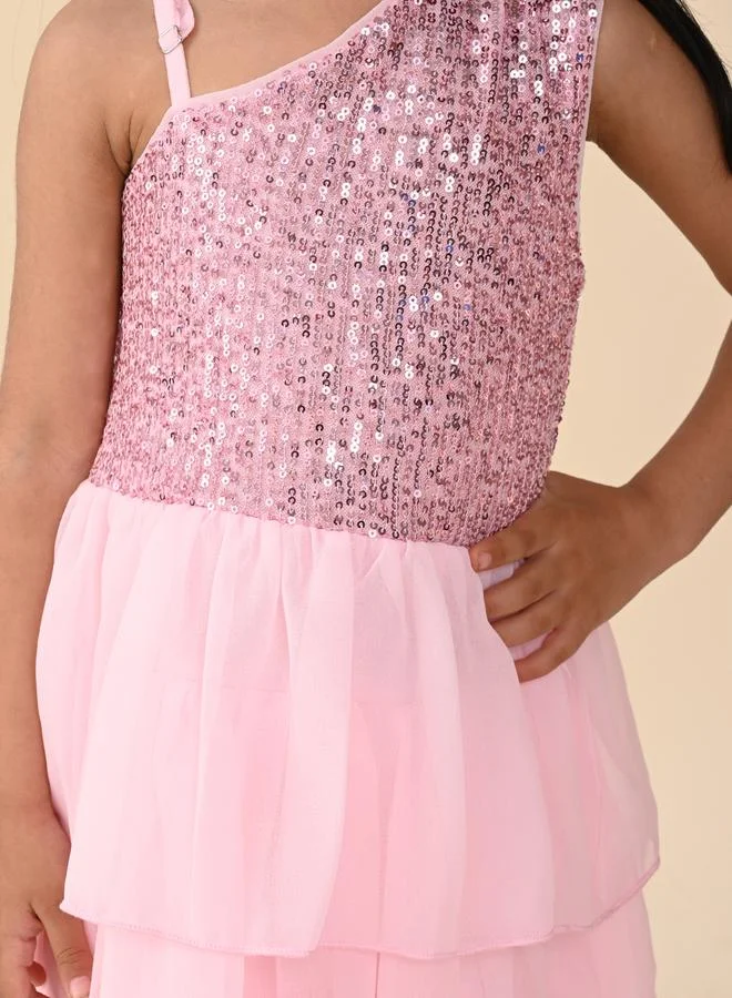 LILPICKS LilPicks Sequin Detail One Shoulder Neck Layered Dress