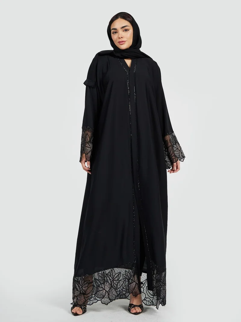 Reem Abayas Elegant Black Abaya with Sheer Lace Hem & Beaded Accents