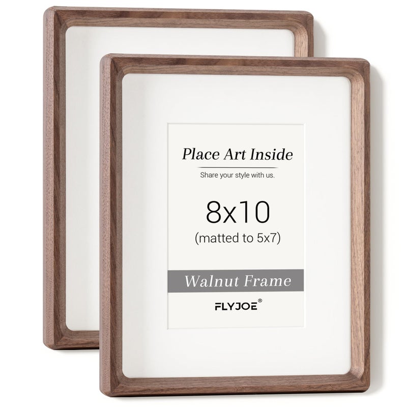 FLYJOE إطار صور FLYJOE مقاس 8x10، طقم من قطعتين، مصنوع من خشب الجوز الأمريكي، مع زجاج مقوى، زوايا دائرية مصنوعة يدويًا، إطار خشبي مقاس 8x10، مناسب لصور مقاس 5x7، للعرض على الحائط أو الطاولة - Image 1