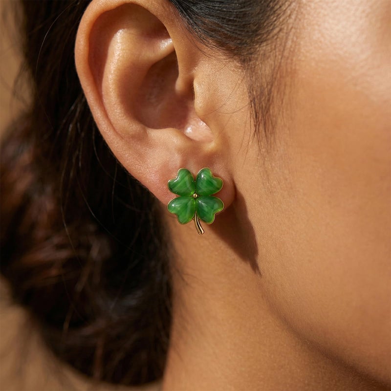 Sonateomber Green Shamrock Leaf Stud Earrings for Women Small Lucky Cute St Patricks Day Rhinestone Clover Leaves Cartilage Holiday Accessories Outfit Jewelry Gift - Image 4