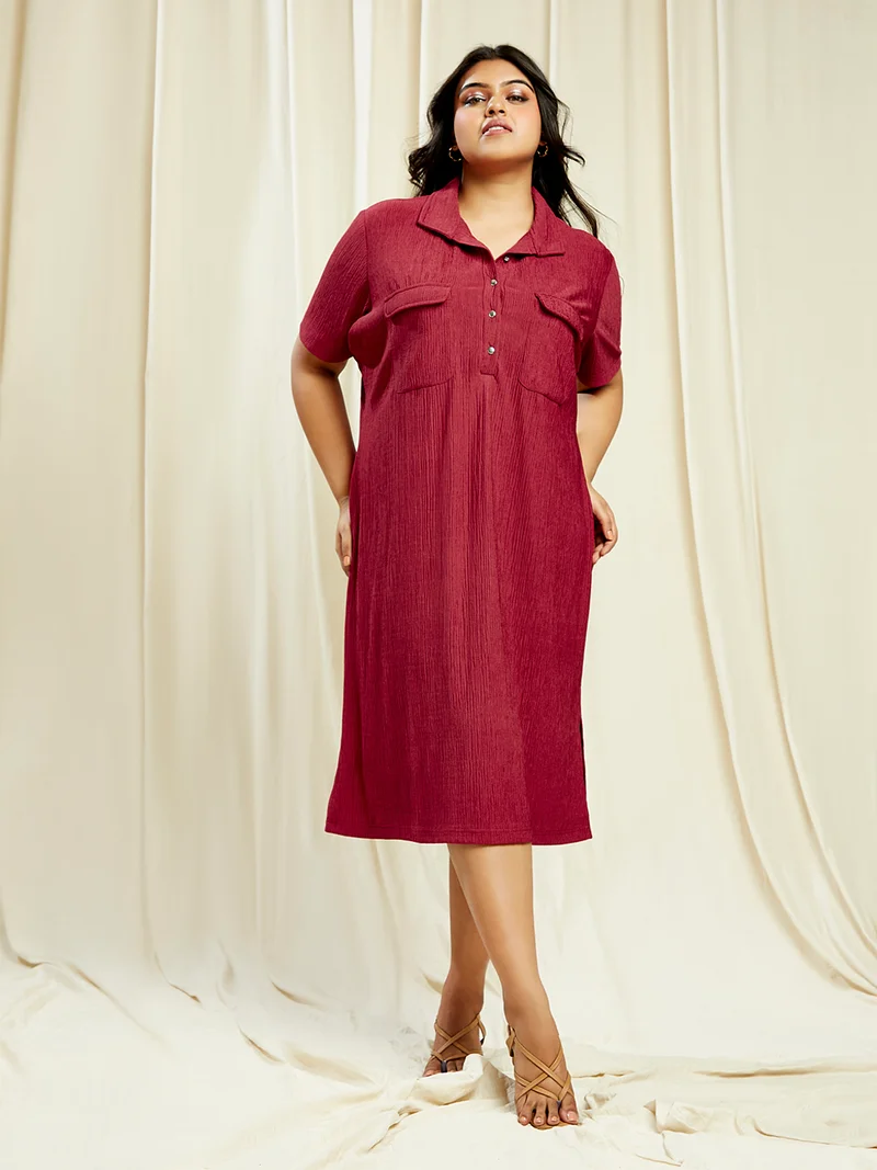 globus Gloplus Women Maroon Shirt Collar Self Design Pocket Detail Side Slits Plus Size Midi Sheath Dress