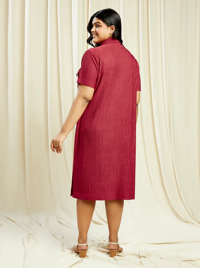 globus Gloplus Women Maroon Shirt Collar Self Design Pocket Detail Side Slits Plus Size Midi Sheath Dress