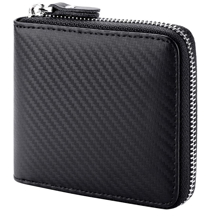 Huztencor Wallet with Zipper for Men RFID Blocking Wallets for Men Leather Zip Around Bifold Multi Card Holder Purse Carbon Fiber Black - Image 1