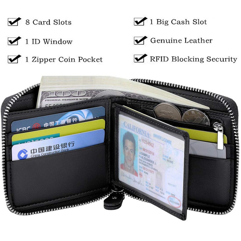 Huztencor Wallet with Zipper for Men RFID Blocking Wallets for Men Leather Zip Around Bifold Multi Card Holder Purse Carbon Fiber Black - Image 5