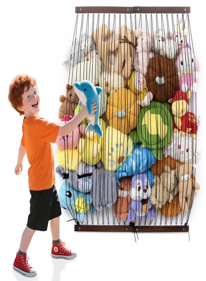 Qiannhee Extra Wide Stuffed Animal Hammock ,29" Kids Corner Toy Organizer Net, Solid Wood Wall Hanging Storage for Plush Toys, Create Zoo Display in Bedroom, Nursery & Playroom (Brown) - Image 1