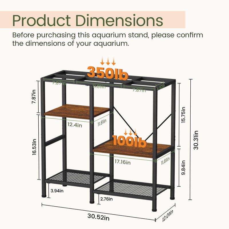 Snughome 30 Gallon Aquarium Stand, Fish Tank Stand with Shelf for Storage, 3 Tier Heavy Metal Frame Fish Tank Stand, 30 Gallon Aquarium Stand for Home Office, 30.52" x 12.01" x 30.31", Rustic Brown - Image 5