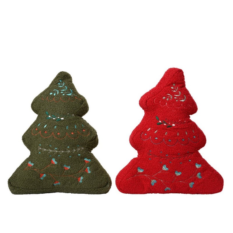 Kaemingk Cushion – GB Polyester with Tree Embroidery, Red & Green, Christmas Holiday Home Décor, Festive Xmas Pillow, Seasonal Decorative Accent for Sofa & Bed, 1 Piece Assorted Colors