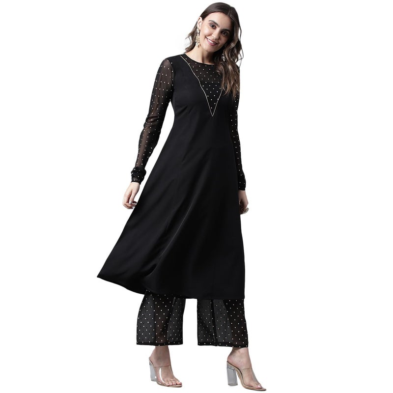 FIORRA Women's Black Poly Crepe A-line Kurta with Palazzo - Image 3