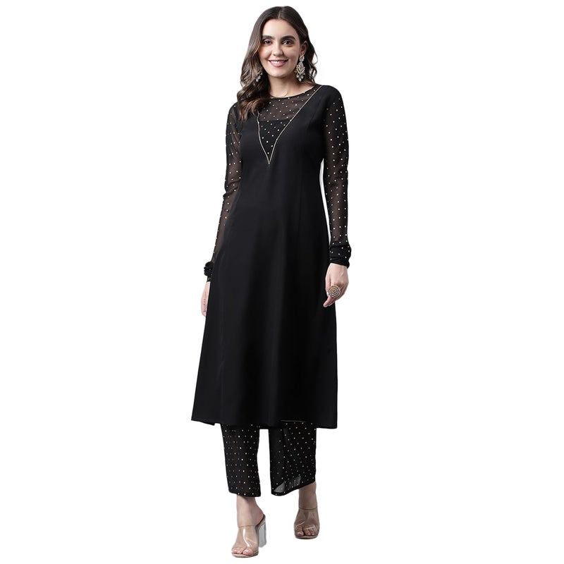 FIORRA Women's Black Poly Crepe A-line Kurta with Palazzo - Image 1
