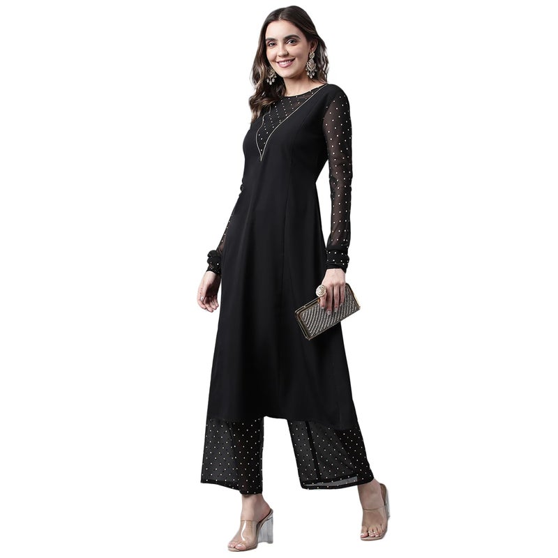 FIORRA Women's Black Poly Crepe A-line Kurta with Palazzo - Image 2