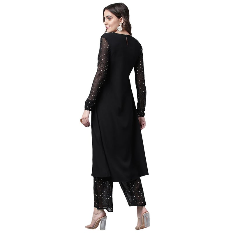 FIORRA Women's Black Poly Crepe A-line Kurta with Palazzo - Image 4