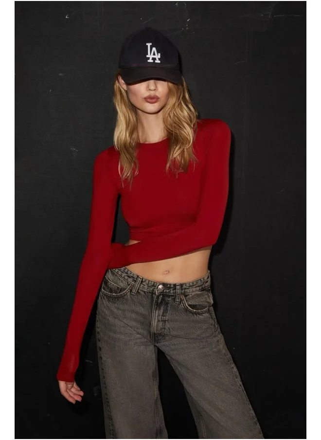 GRIMELANGE Grimelange Jovana Women's Crew Neck Stretch Long Sleeve Crop Red Blouse