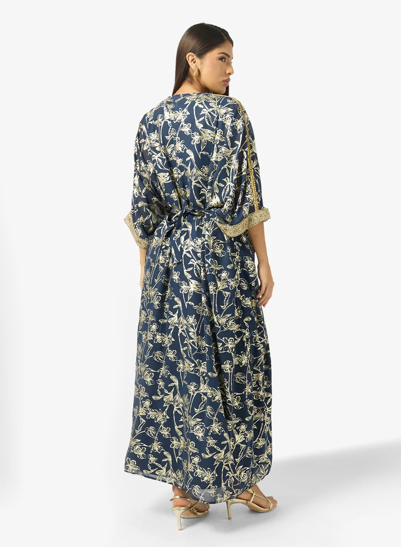 Khizana Printed Jalabiya With Embroidered Hem