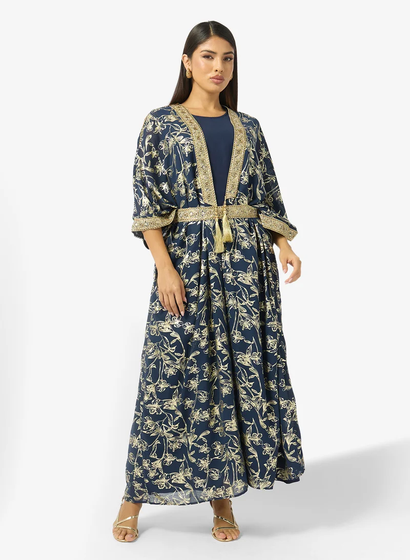 Khizana Printed Jalabiya With Embroidered Hem