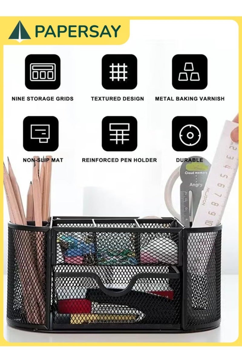 PAPERSAY Mesh Desk Organiser Large Capacity,Desk Tidy Metal Pen Holder with 8 Compartments and 1 Drawer, Multi-functional Stationery Storage Container Box for Kids,Home, Office, School - Image 2