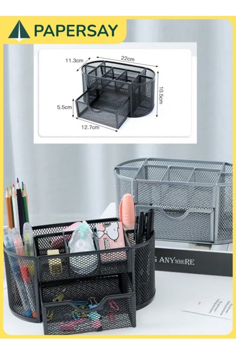 PAPERSAY Mesh Desk Organiser Large Capacity,Desk Tidy Metal Pen Holder with 8 Compartments and 1 Drawer, Multi-functional Stationery Storage Container Box for Kids,Home, Office, School - Image 3