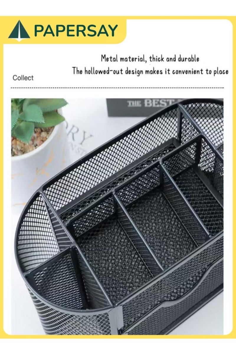 PAPERSAY Mesh Desk Organiser Large Capacity,Desk Tidy Metal Pen Holder with 8 Compartments and 1 Drawer, Multi-functional Stationery Storage Container Box for Kids,Home, Office, School - Image 4